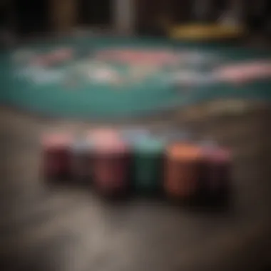 Close-up of poker chips and cards on a table