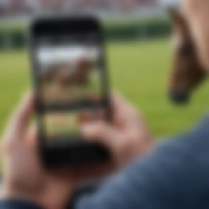 A close-up of a bettor engaging with a horse racing website on a mobile device