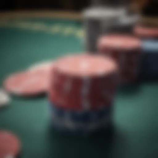 Close-up of poker chips and cards on a table