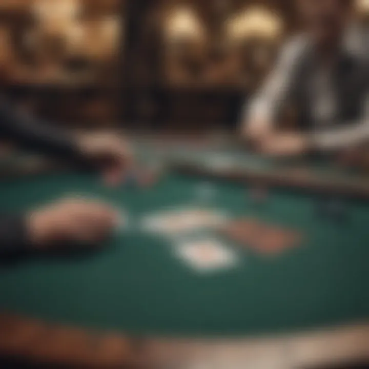 An engaging poker table scene showcasing players using unique card protectors.