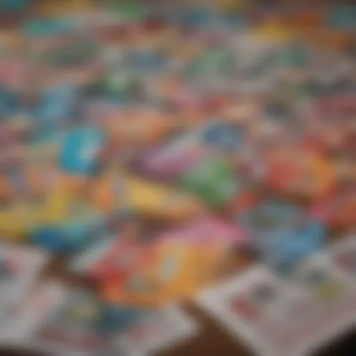 A close-up view of various scratch-off lottery tickets displayed on a table.